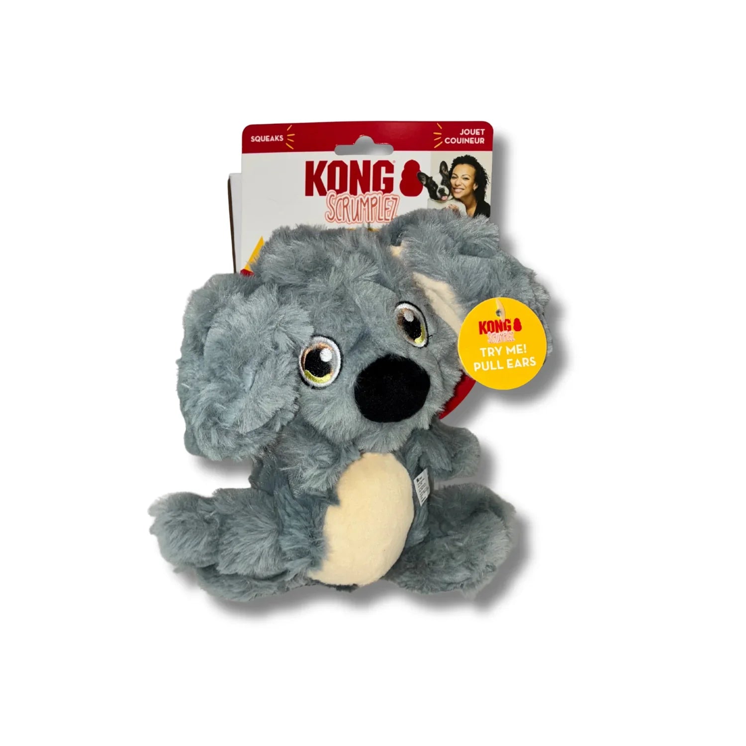Gray plush koala toy with packaging on a white background