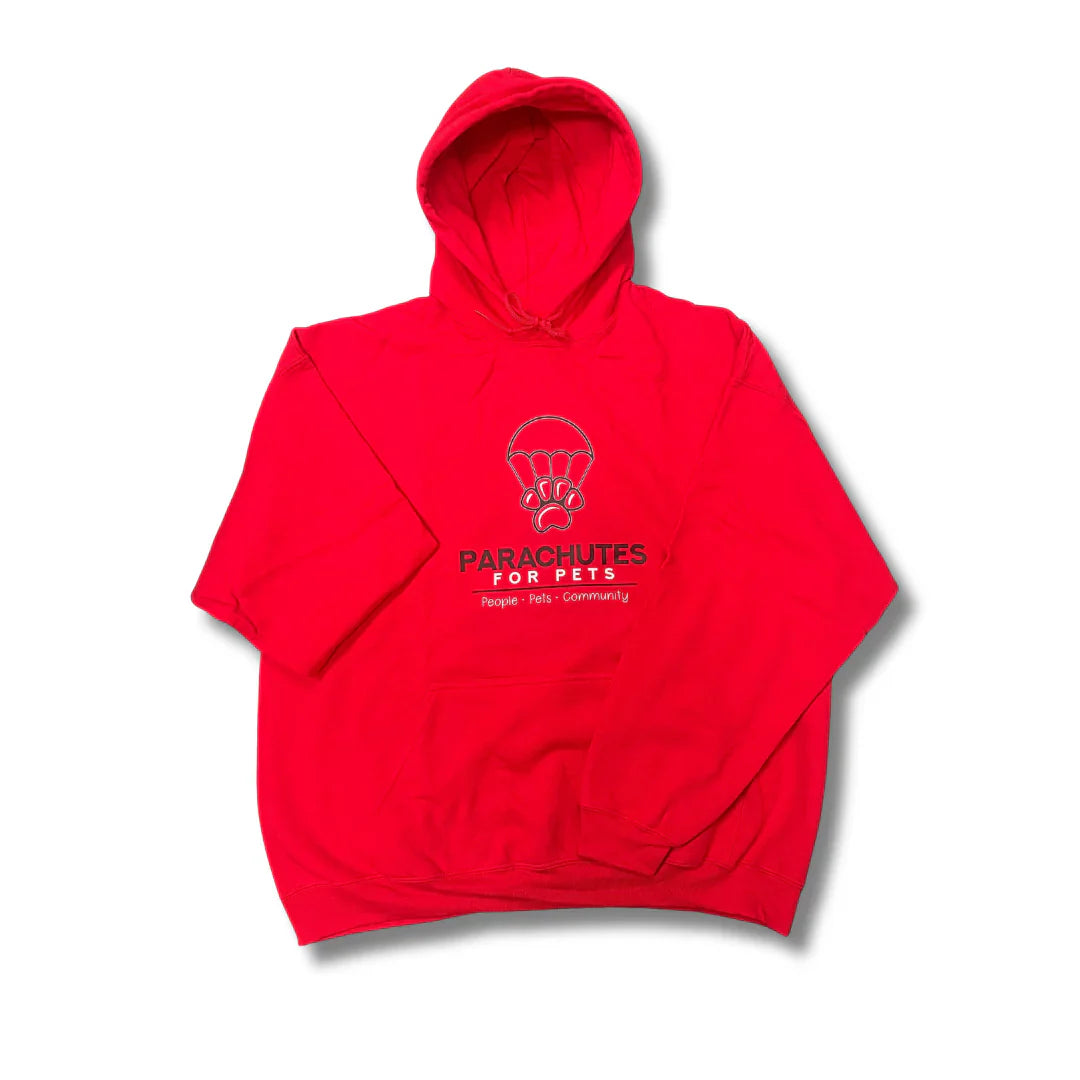 Red hoodie with 'Parachutes for Pets' logo on a white background