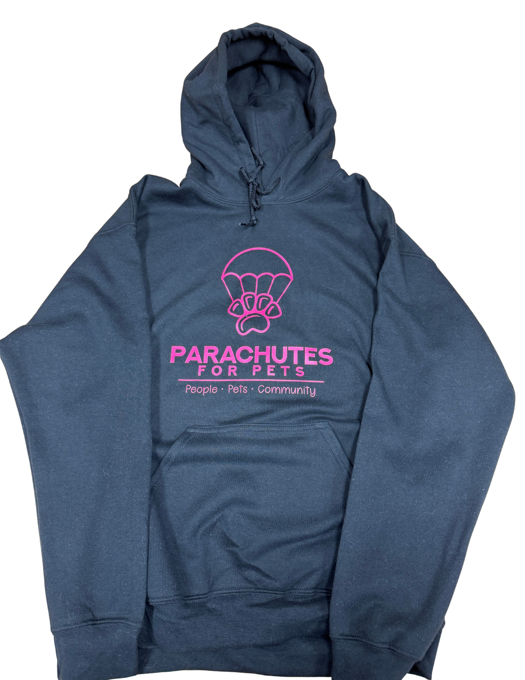 Blue hoodie with pink and white text on a white background