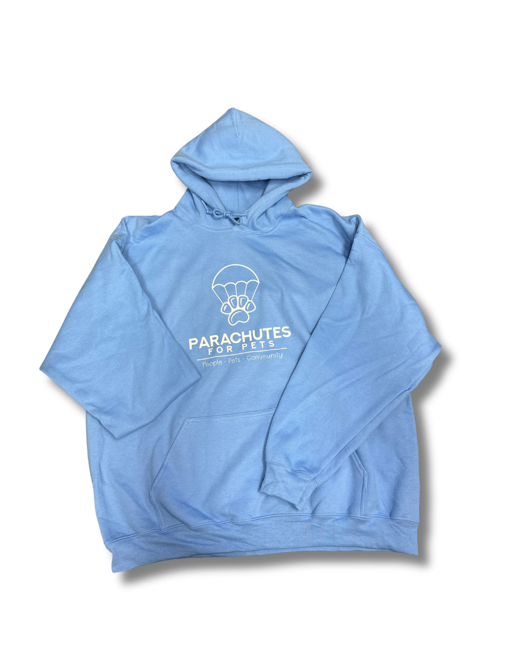 Light blue hoodie with 'Parachutes for Pets' text and logo on a white background