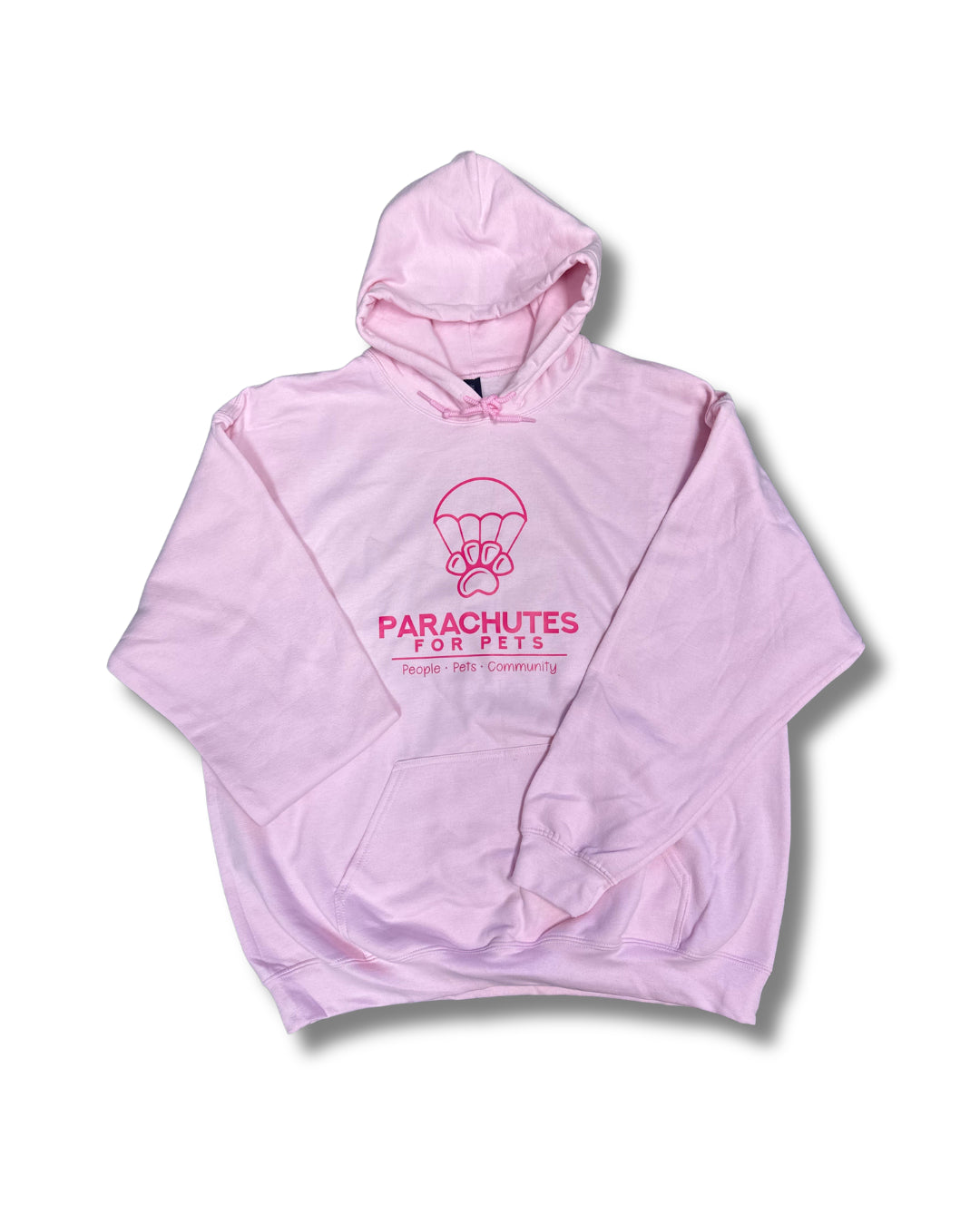 Pink hoodie with 'Parachutes for Pets' logo on a white background