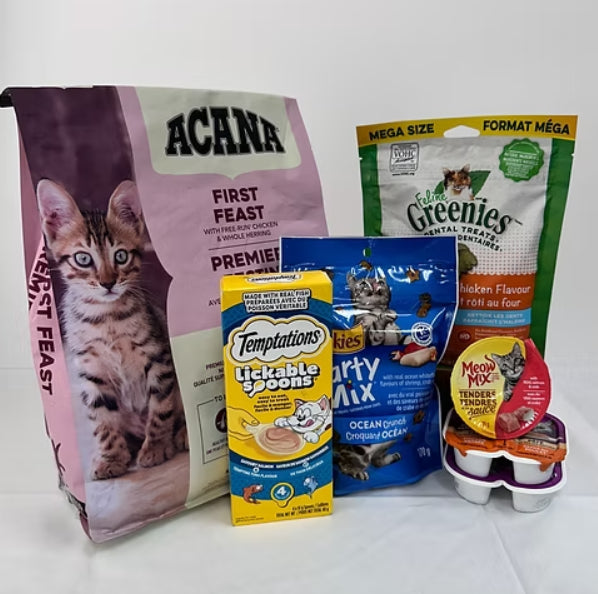 Assorted cat food products including Acana, Greenies, Temptations, and Meow Mix on a white background