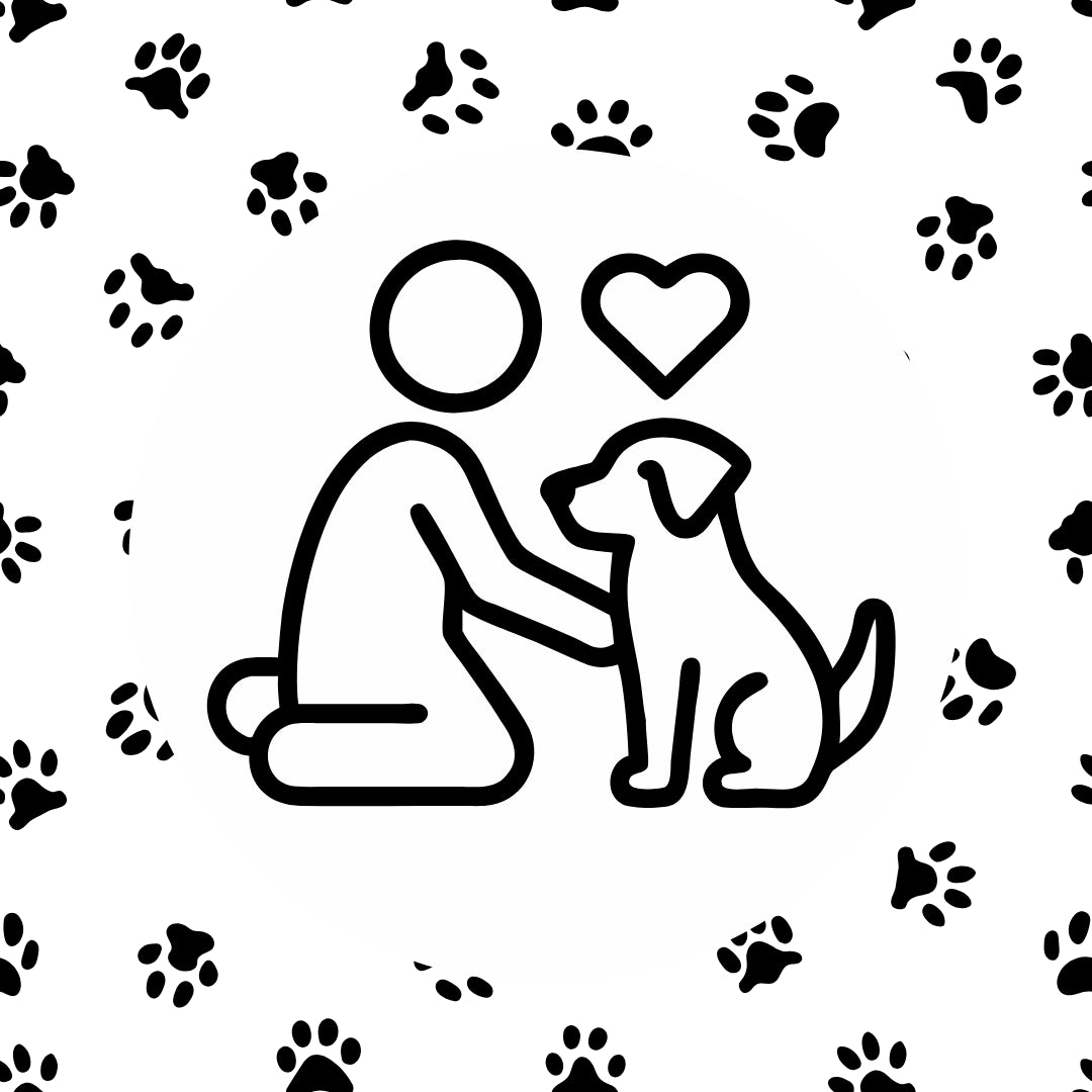 Illustration of a person and dog with paw prints on a white background
