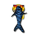 Blue and black striped dog toy with a Tuffy logo on a white background