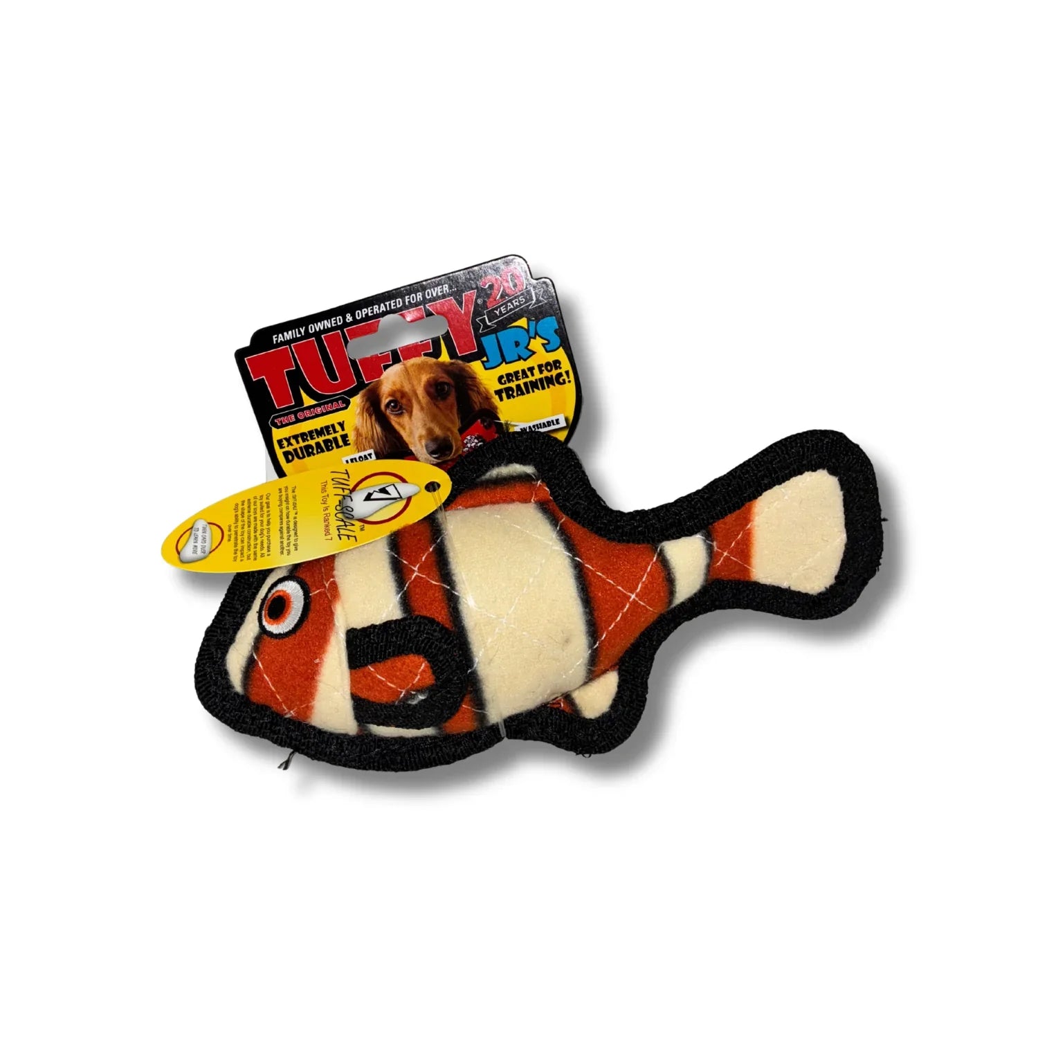 Fish-shaped dog toy with packaging on a white background