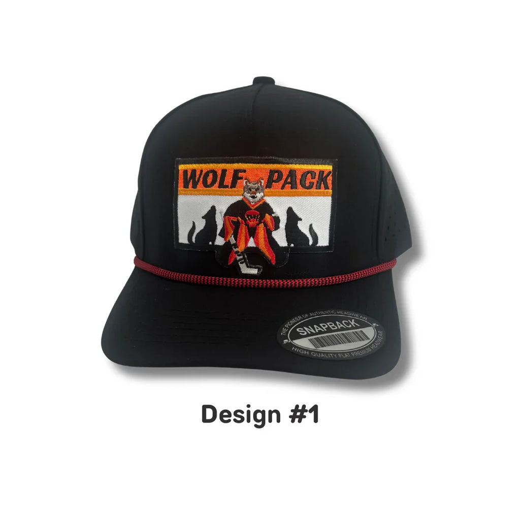 Black cap with a wolf pack design on a white background