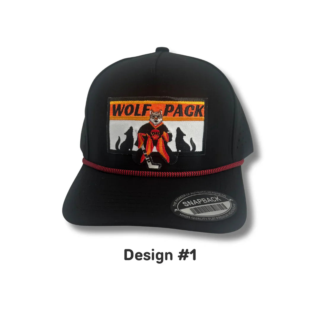 Black cap with a wolf pack design on a white background