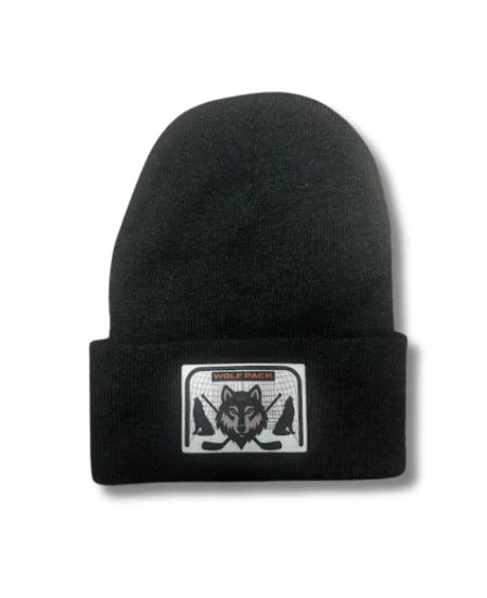 Black beanie with a wolf patch on a white background