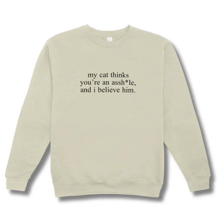 Beige sweatshirt with humorous text on a white background