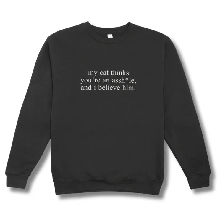 Black sweatshirt with white text on a white background