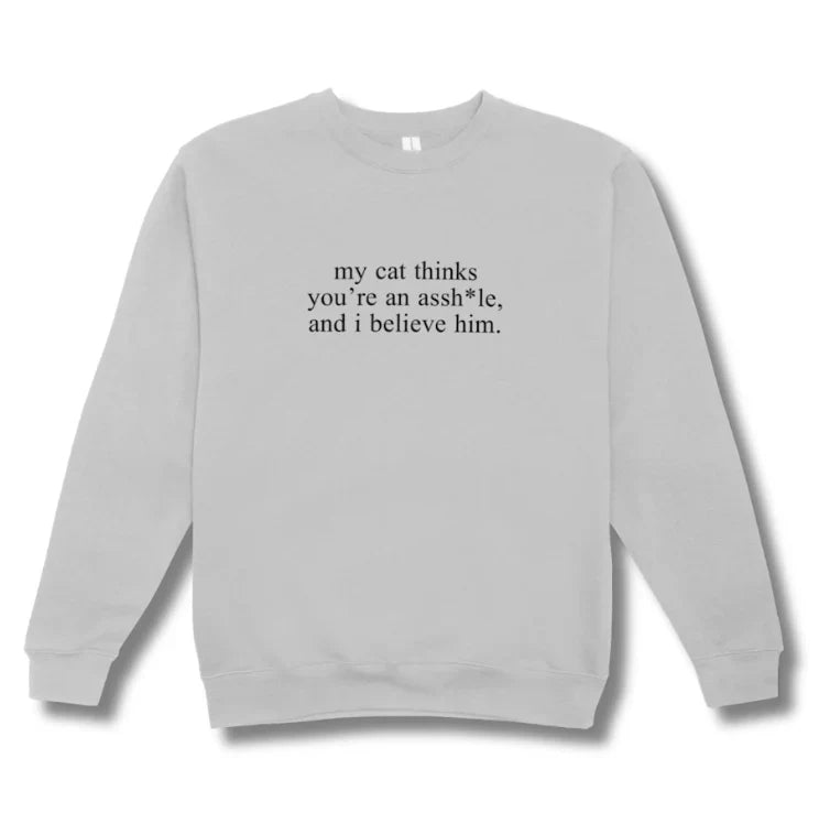 Gray sweatshirt with text on a white background