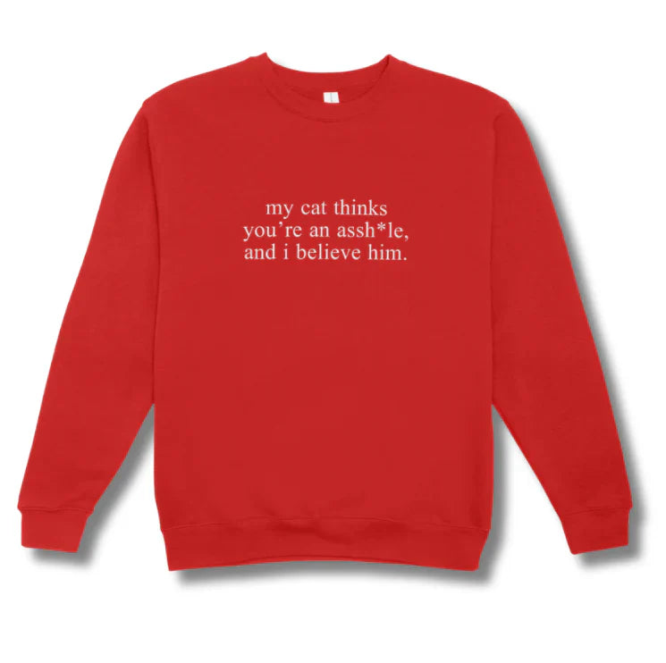 Red sweatshirt with white text on a white background