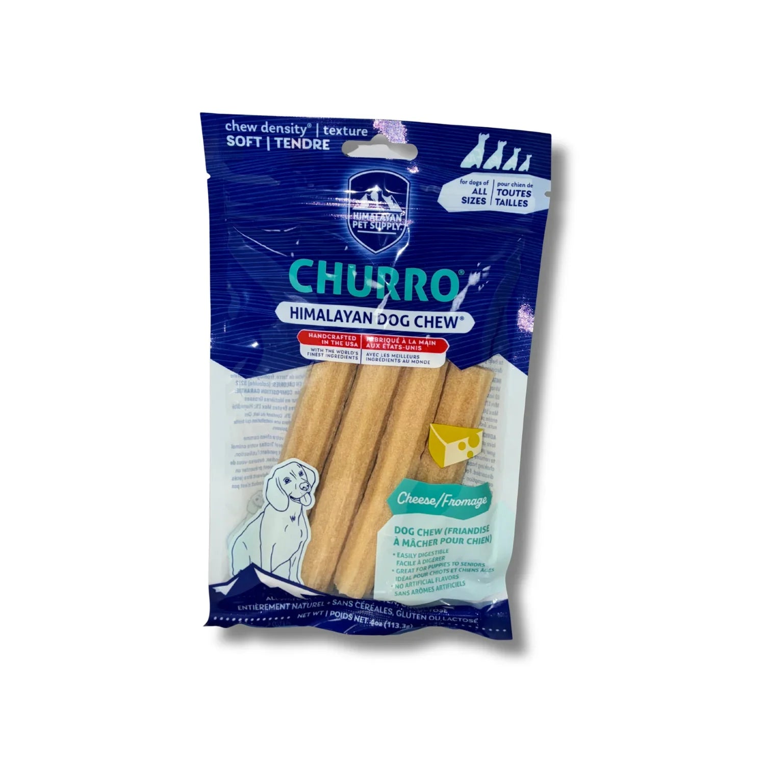 Packaging of Churro Himalayan Dog Chew on a white background