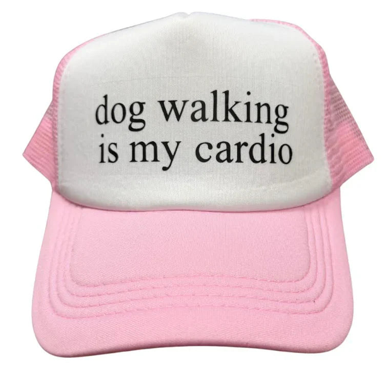 Pink and white cap with 'dog walking is my cardio' text on a white background