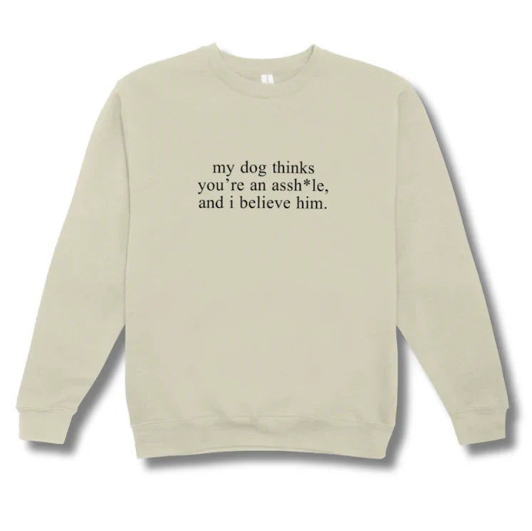 Beige sweatshirt with text on a white background