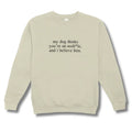 Beige sweatshirt with text on a white background