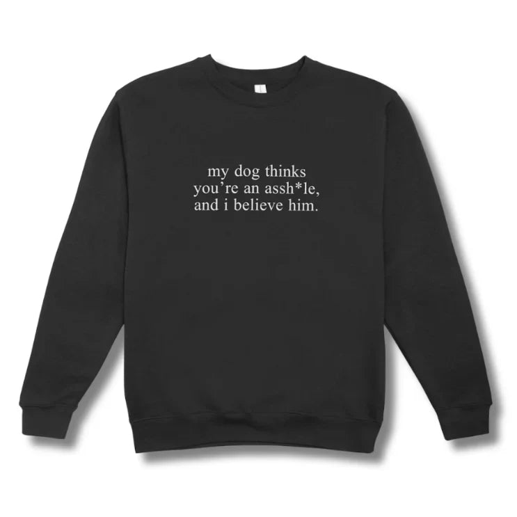 Black sweatshirt with white text on a white background