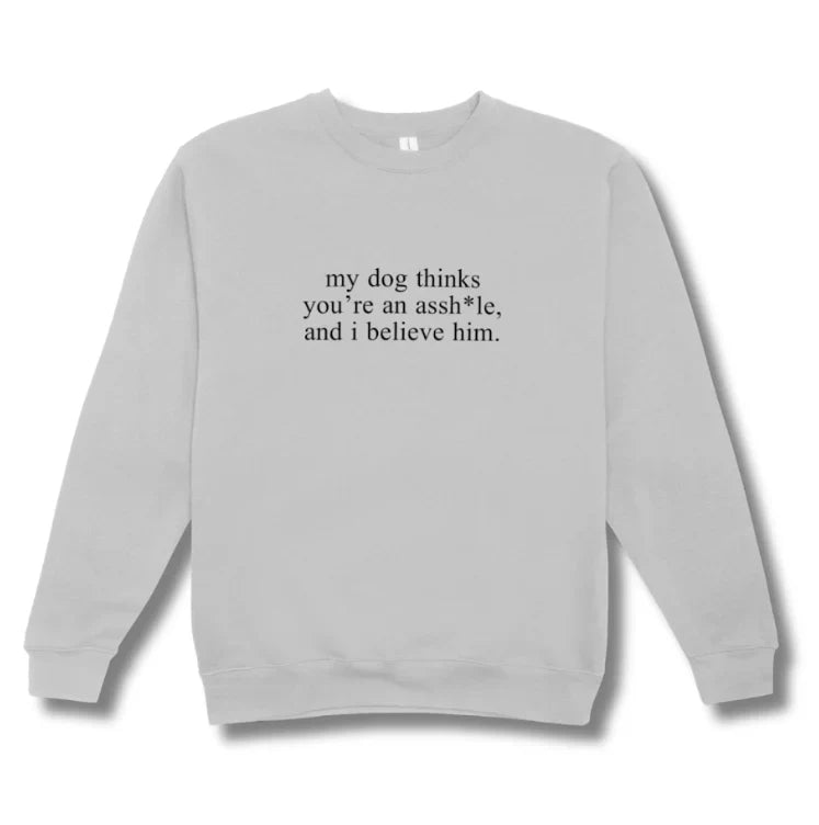 Gray sweatshirt with text on a white background