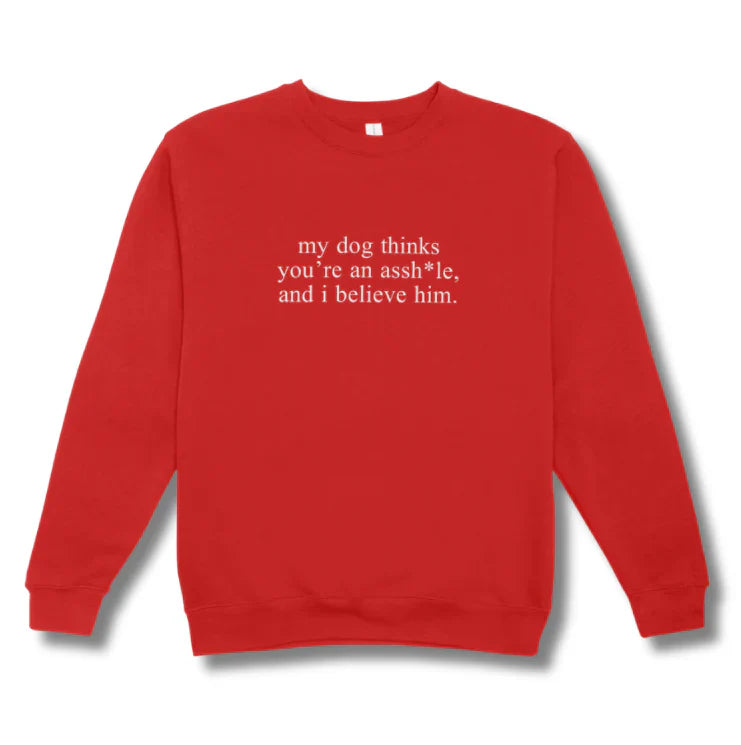 Red sweatshirt with white text on a white background