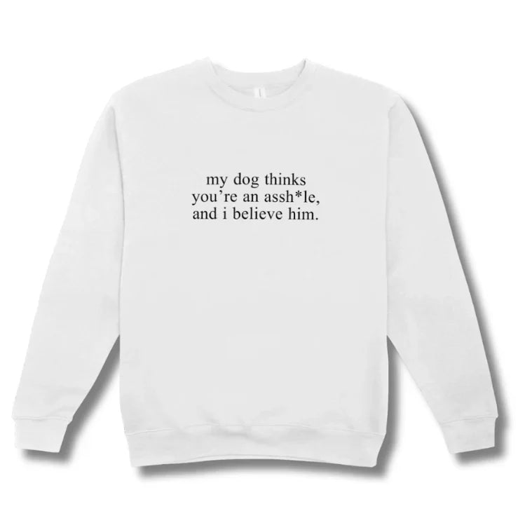 White sweatshirt with text on a white background
