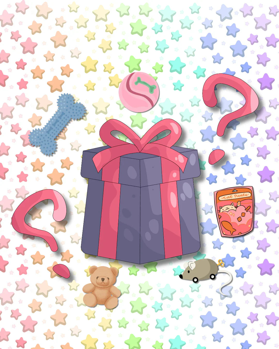 Colorful gift box with pink ribbon on a star-patterned background