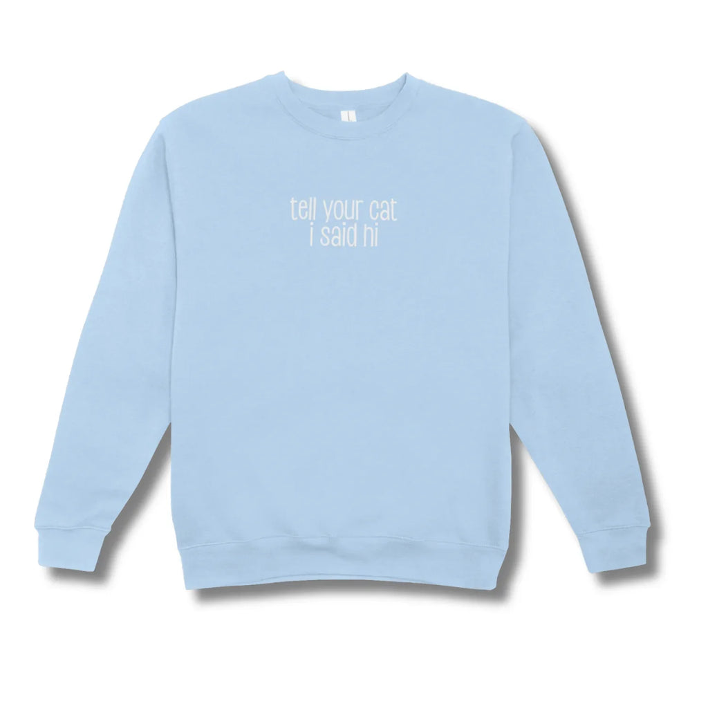 Light blue sweatshirt with text on a white background